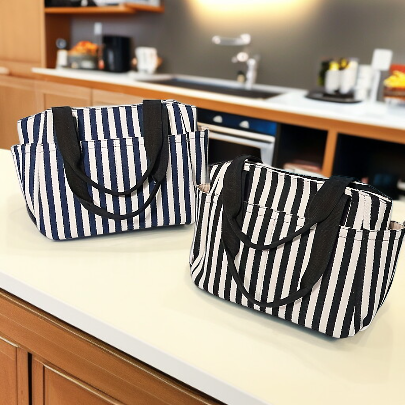 กระเป๋าผ้าแคนวาสลายขีดสำหรับใส่กล่องข้าว