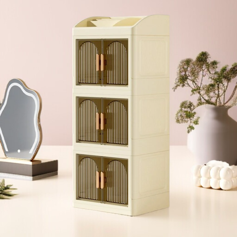 가정용 탁상 접이식 수납함 다용도 플라스틱 수납장 더블 도어 화장품 수납함 방진 레이어드 수납함