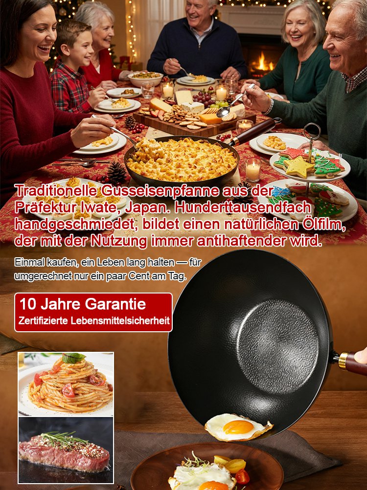 Gesunde, beschichtungsfreie handgeschmiedete Eisenpfanne mit 30.000 Hammerschlägen