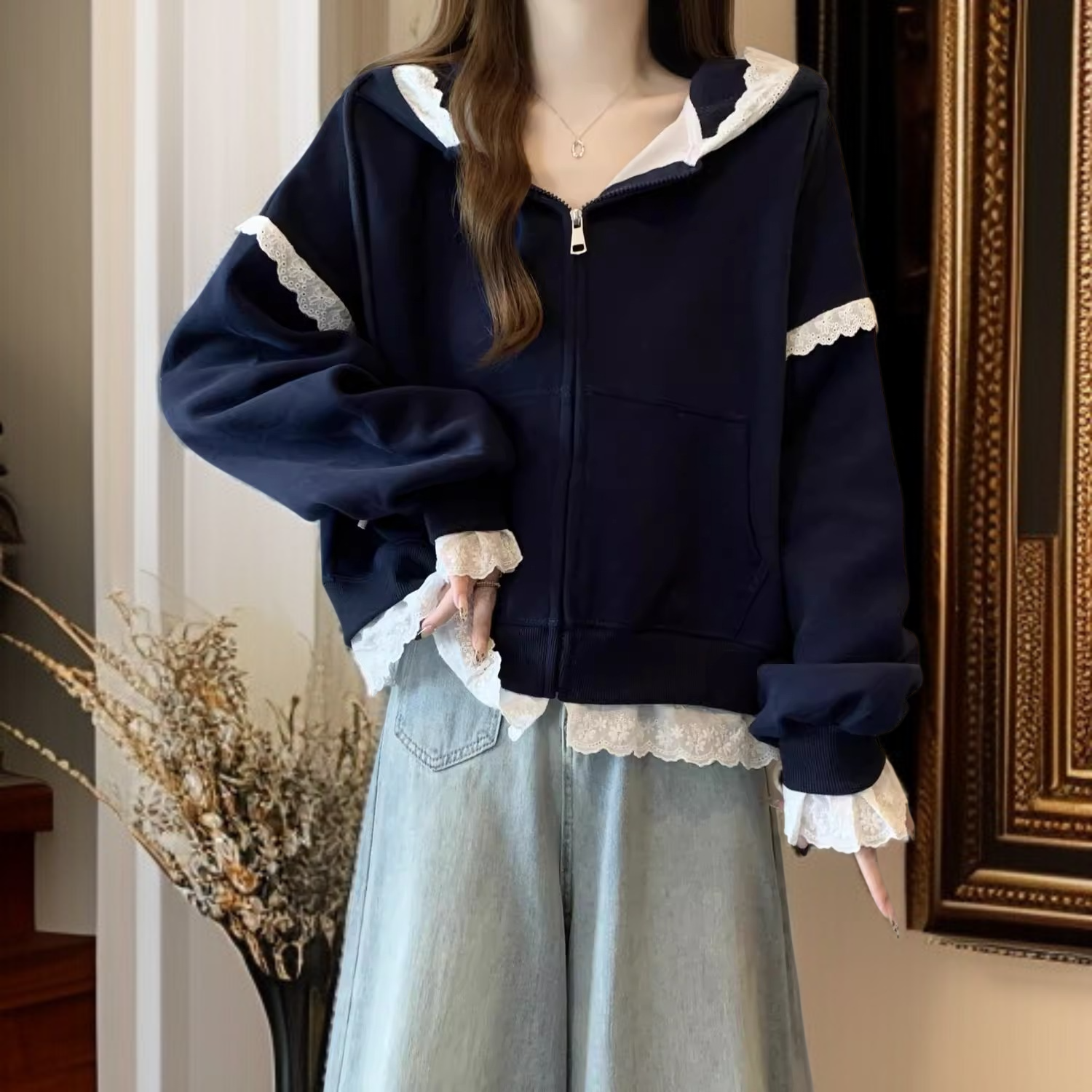 春秋新作 ヨーロッパ風大きいサイズ 上品レースフードパーカー アウター