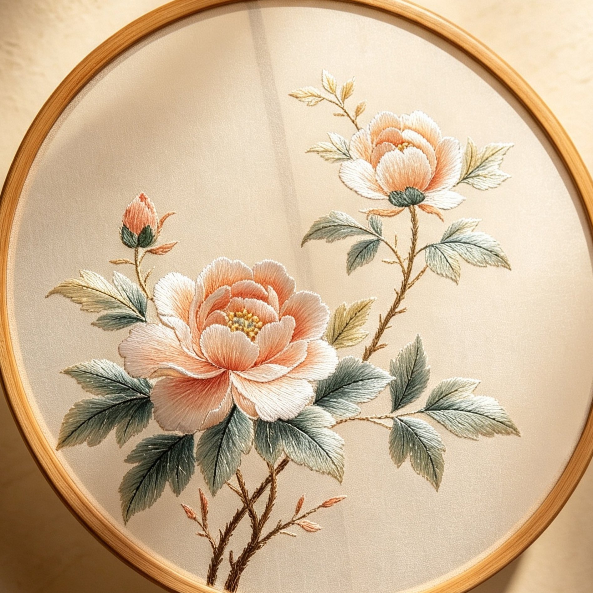 Traditional Chinese round fan with bamboo handle