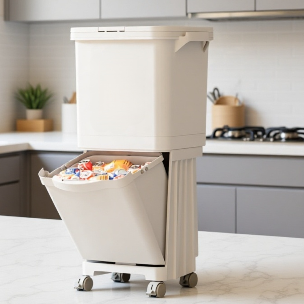 キッチン用大容量蓋付き二層乾湿分別ゴミ箱