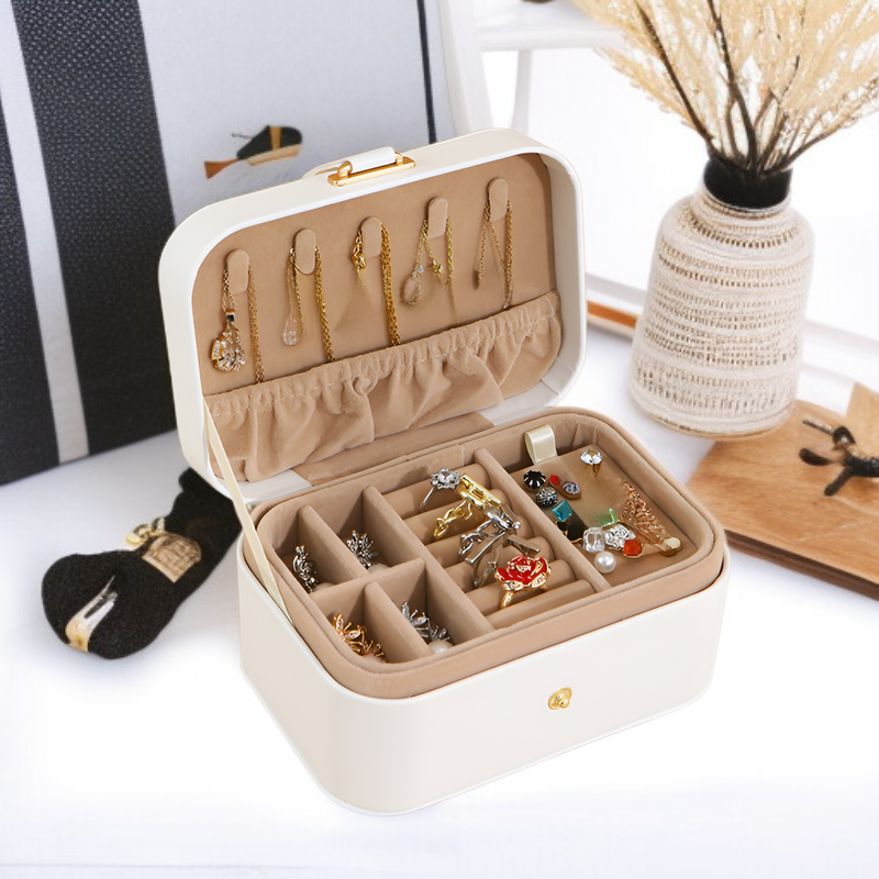 Button Flip 2-lagige Reise-Schmuckschatulle für Halskette, Ohrring, Ring