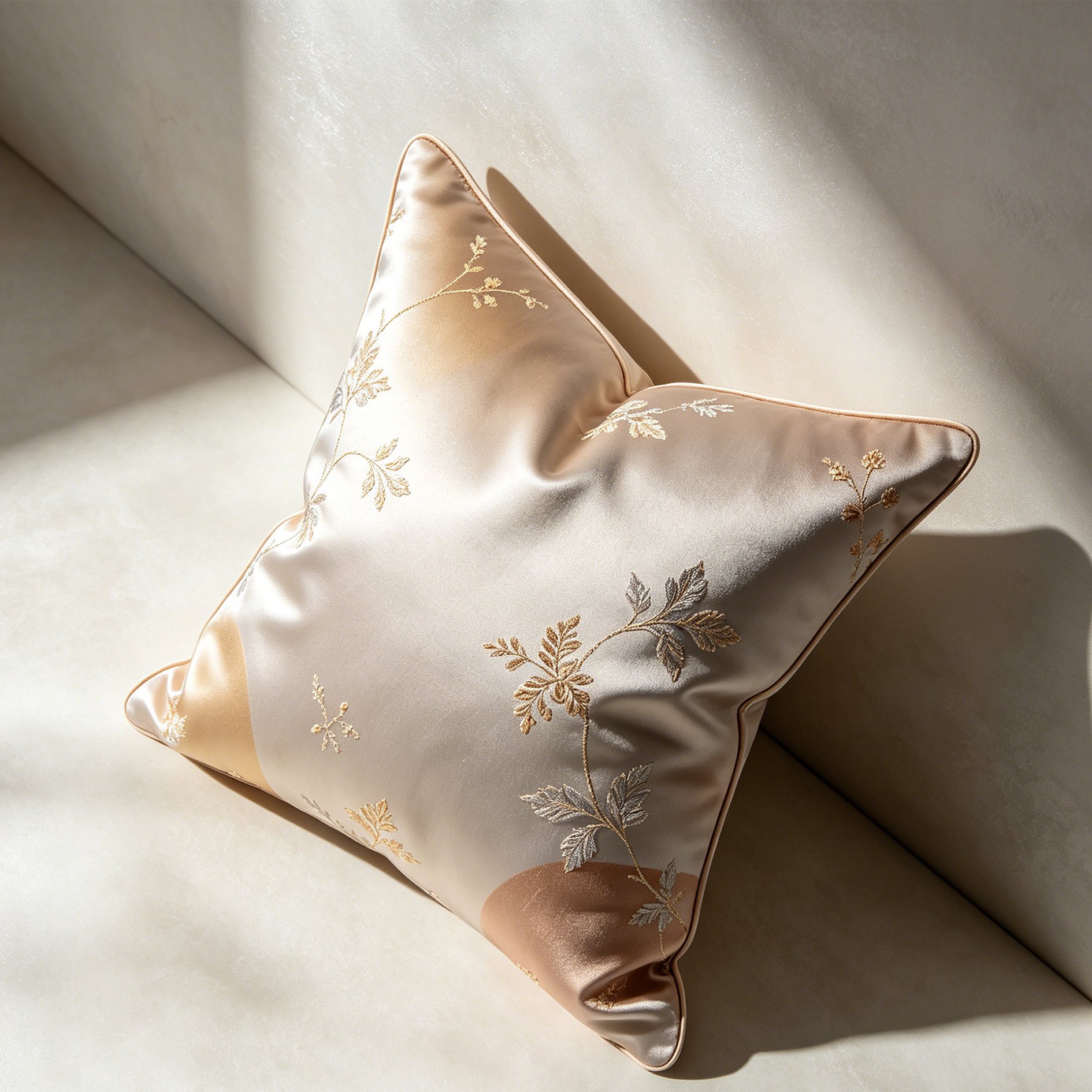 Drei hochwertige Satin Kissen auf einem Sofa