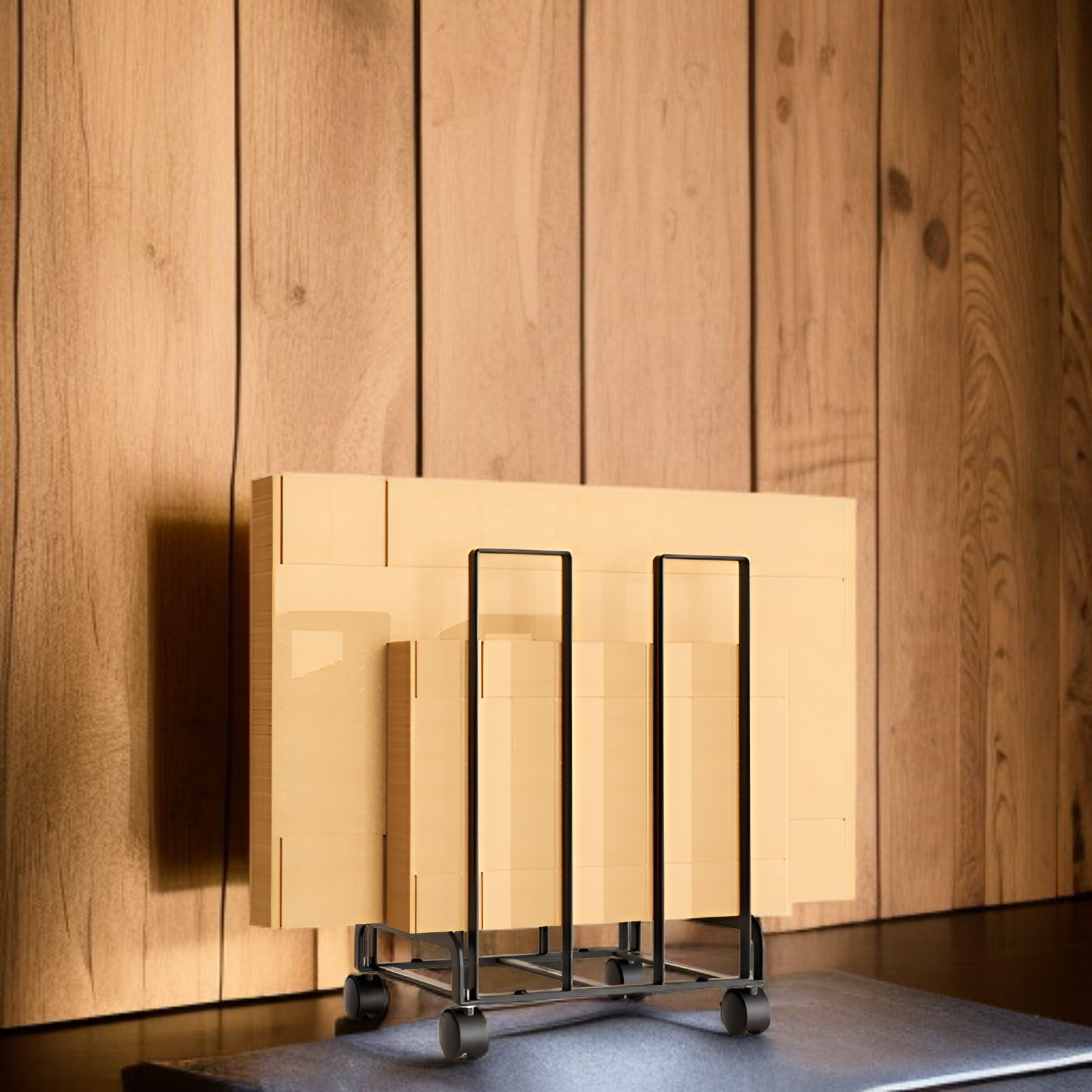 تفاصيل رف تخزين كرتوني متحرك بعجلات