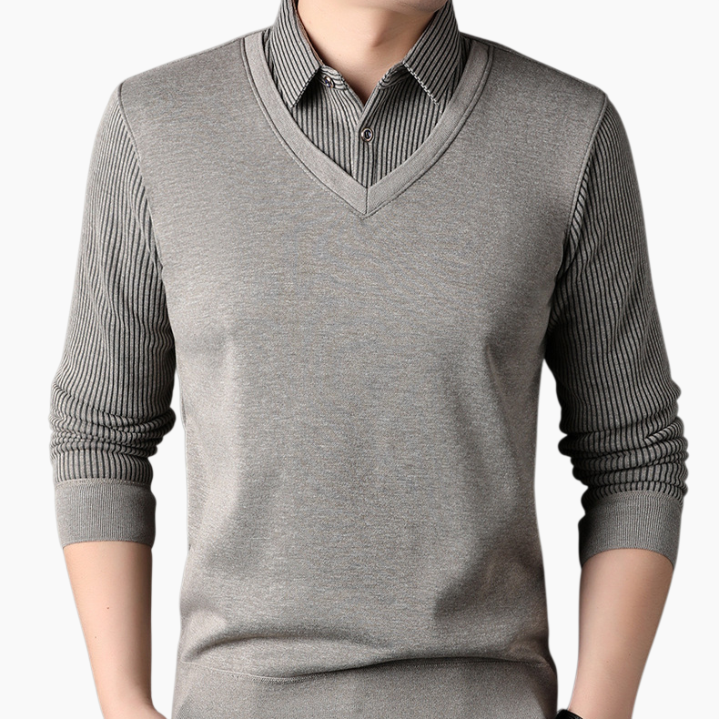 남자 겨울 니트 셔츠 가짜 투피스 기모 도톰 니트 셔츠 솔리드 스트라이프 니트 셔츠