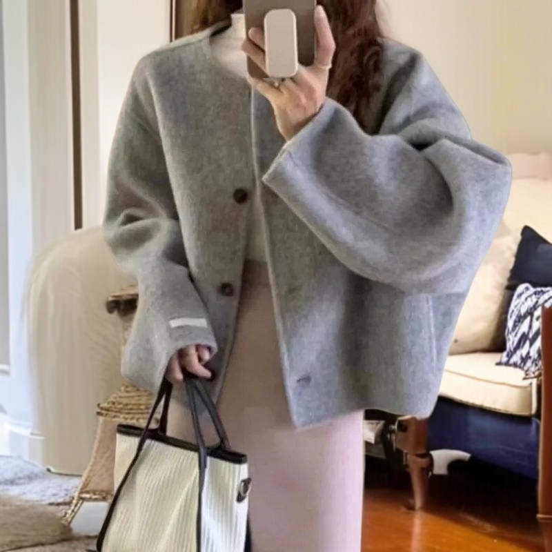 여성 겨울 양면 울 코트 루즈핏 라운드 숏 샤오샹 모직 코트