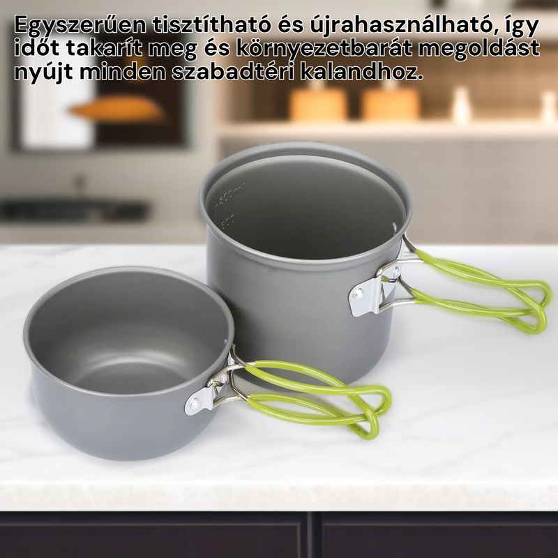 Kültéri hordozható főzőkészlet 12 fő részére edényekkel és evőeszközökkel