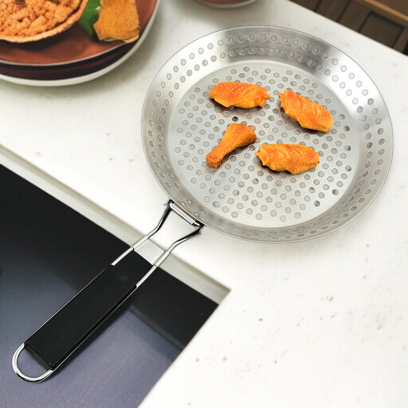 휴대용 Bbq 불판 야외 접이식 야채판 원형 펀칭 불판 나무 손잡이 야외 바베큐 접시