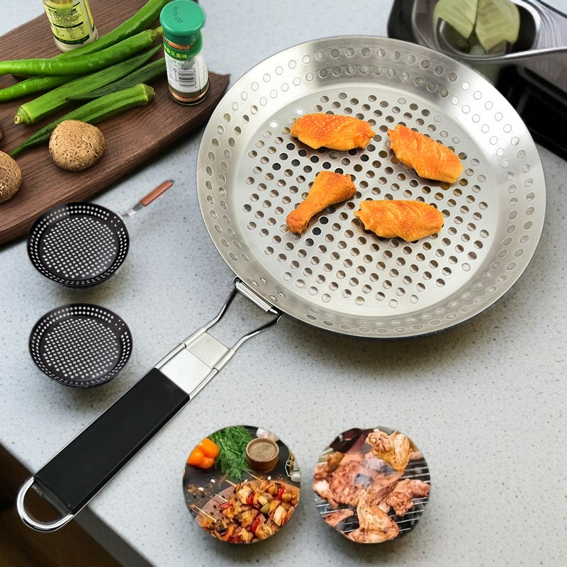 휴대용 Bbq 불판 야외 접이식 야채판 원형 펀칭 불판 나무 손잡이 야외 바베큐 접시