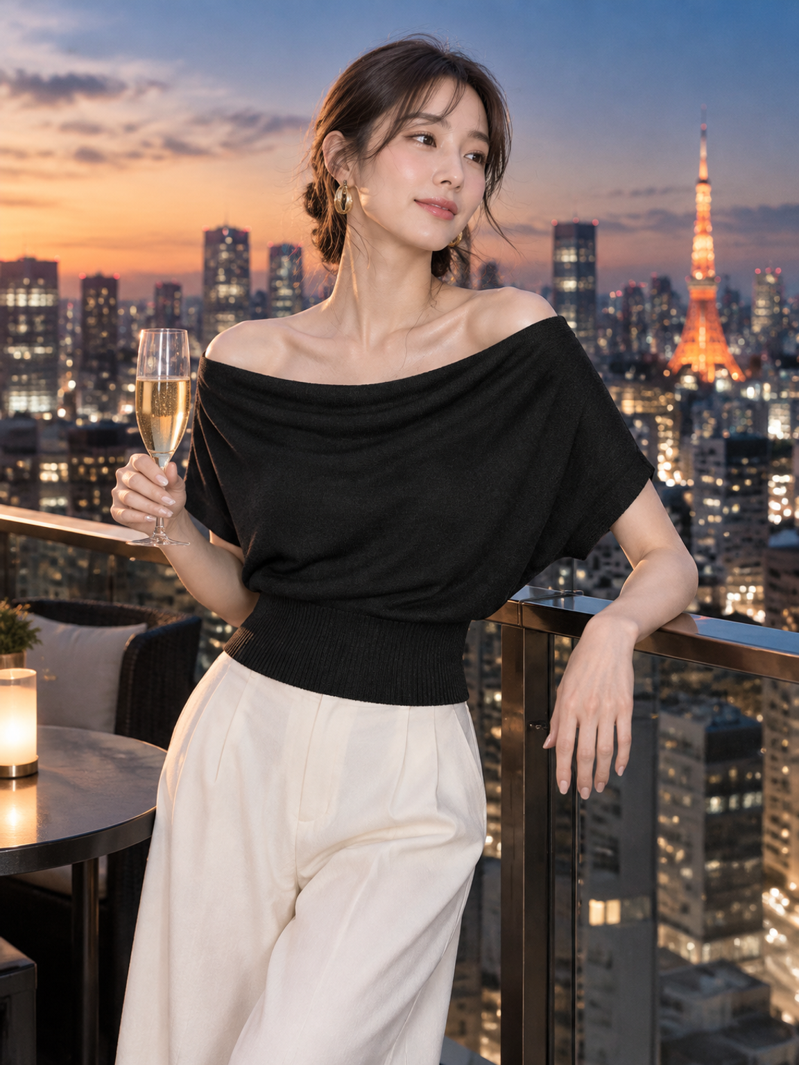 Monolly フェミニン ドレープネック 半袖ニット