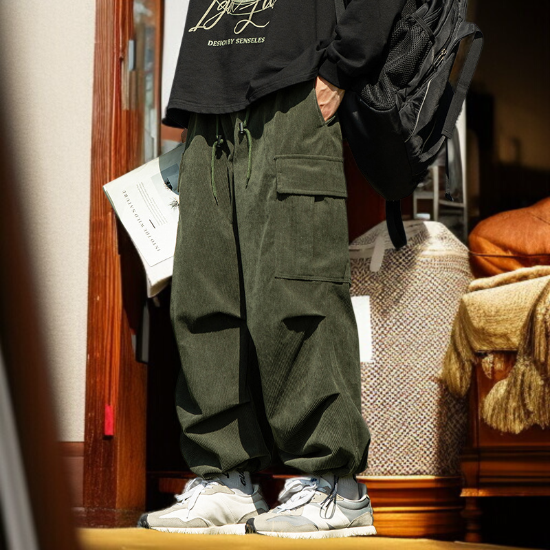 カップル秋冬コーデュロイストレートワイドパンツパンツメンズカジュアルワークパンツアーミーグリーンワイドパンツ