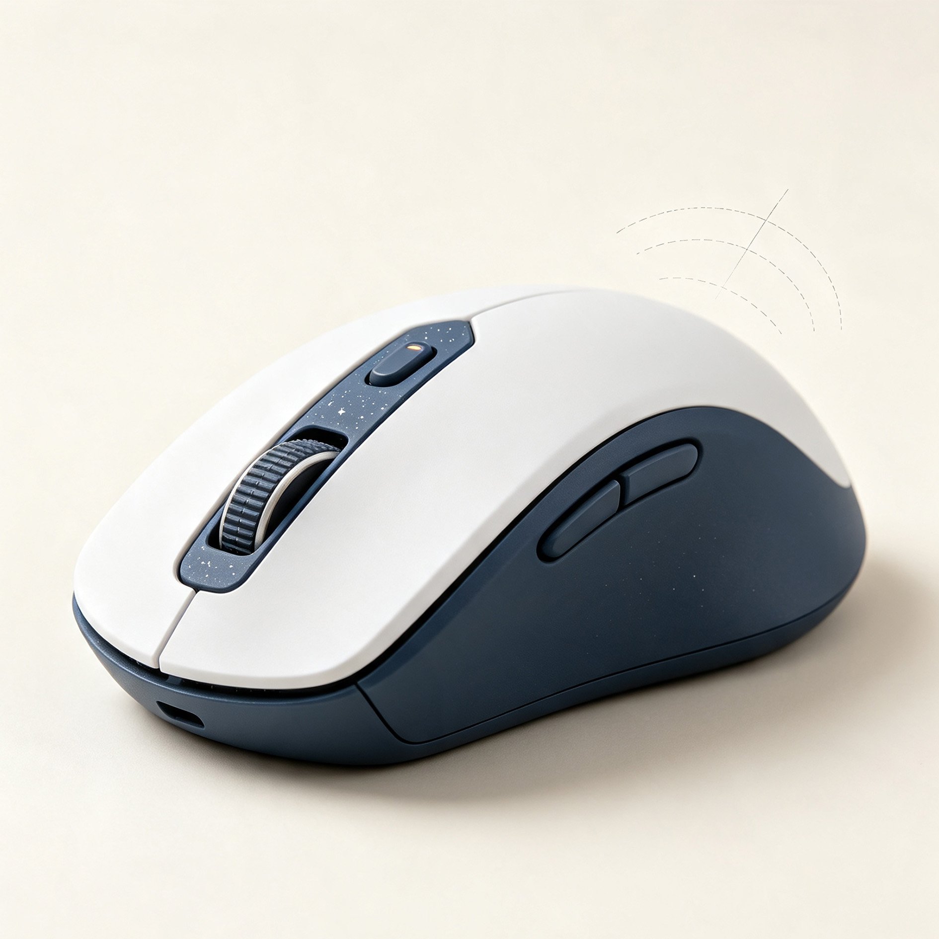 White and navy blue wireless mouse top view