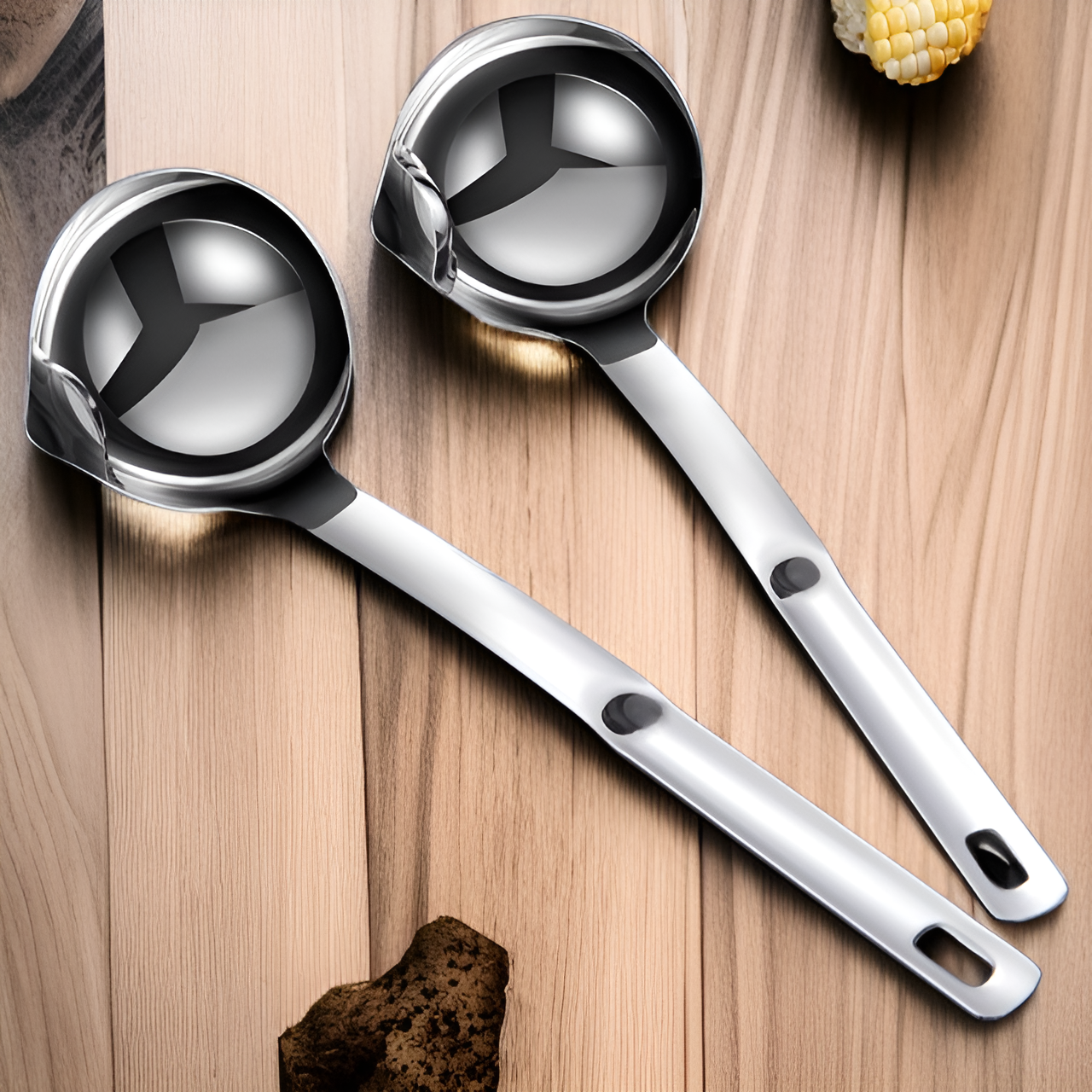 Stainless steel spoon with oil and soup separator
