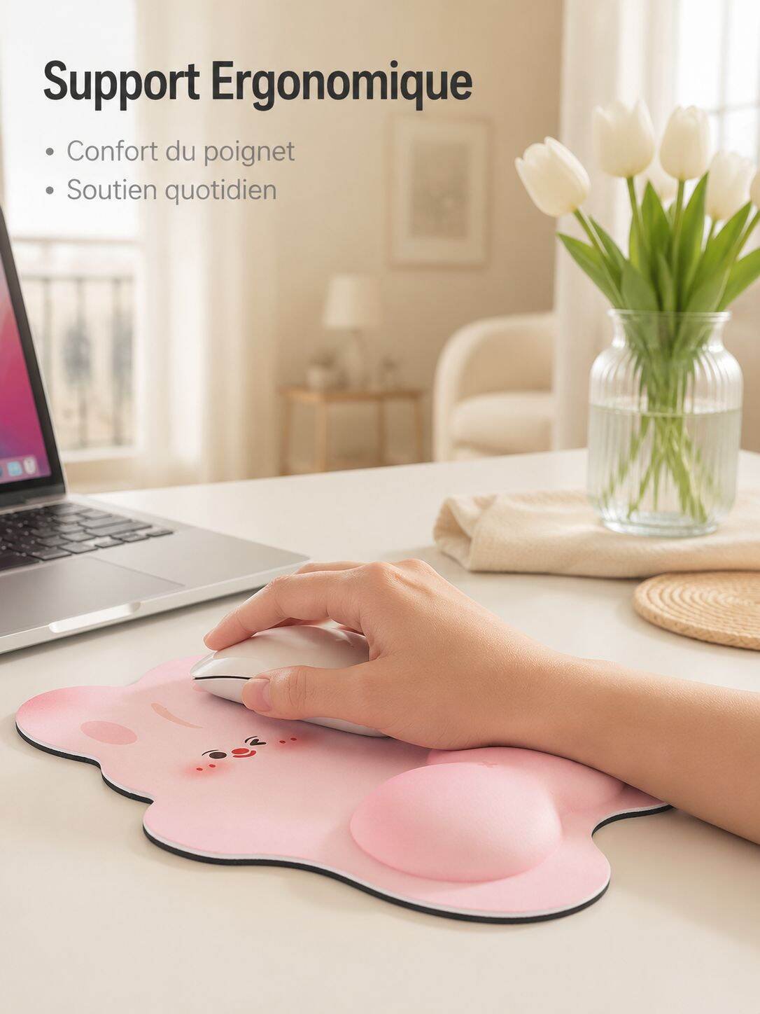 Tapis de souris lapin mignon avec repose-poignet 3D antidérapant