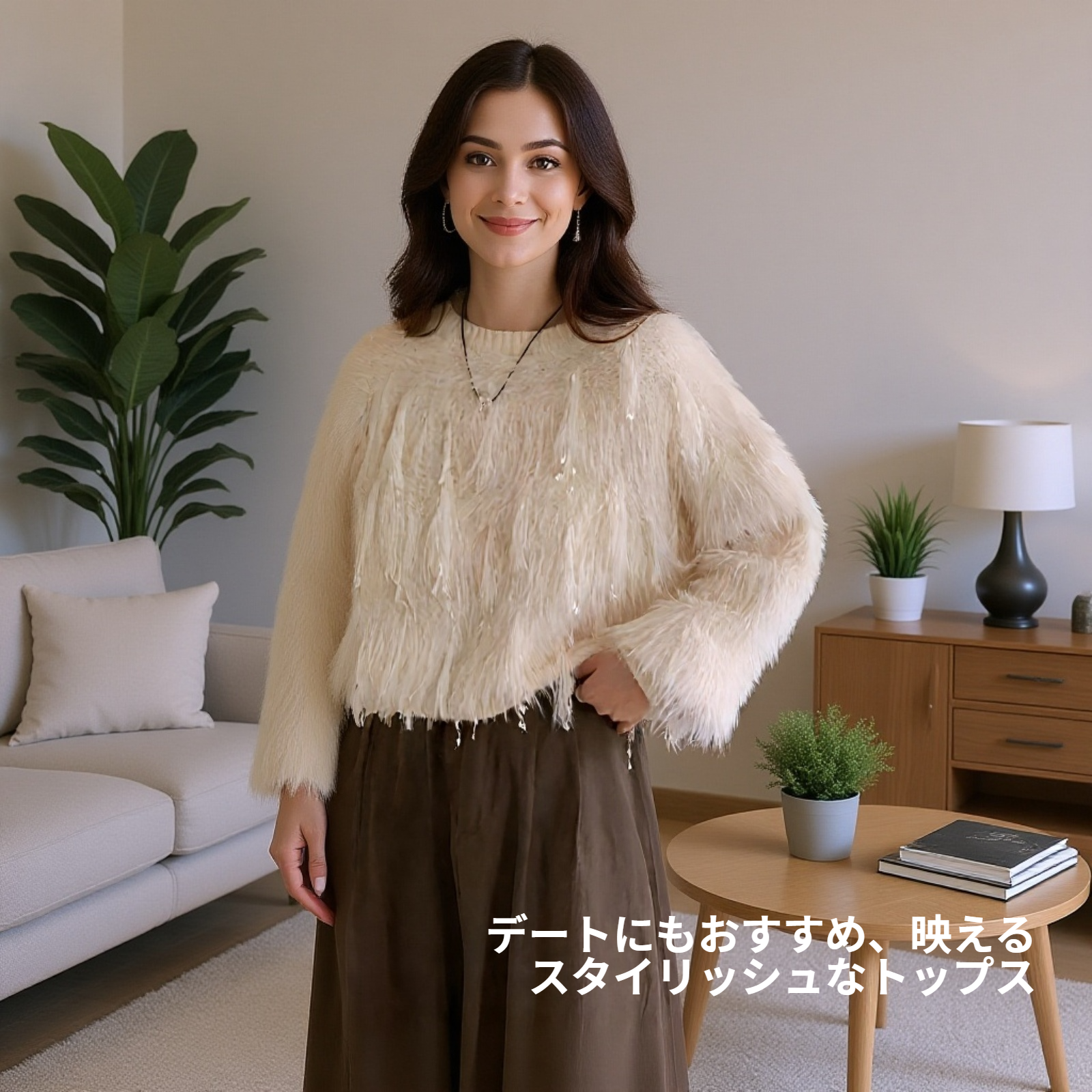 トレンド感満載のフリンジシャギーニット着用イメージ