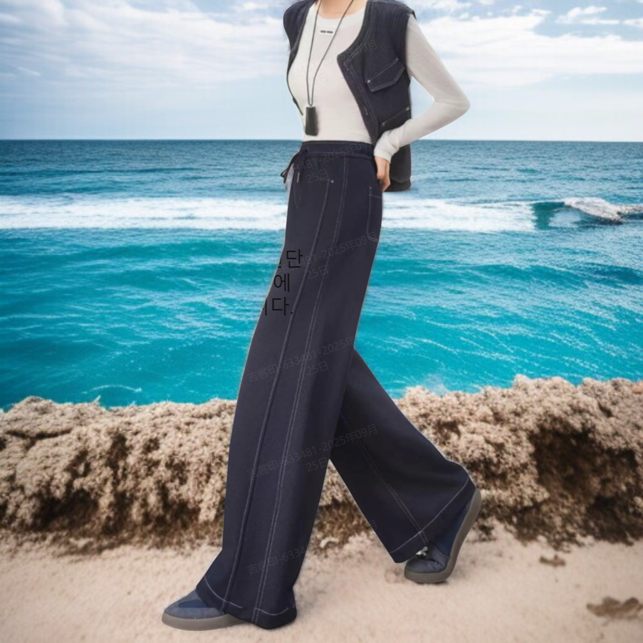 블루 요희 와이드 데님 팬츠 소프트 니트 스판 장미 와이드 데님 팬츠