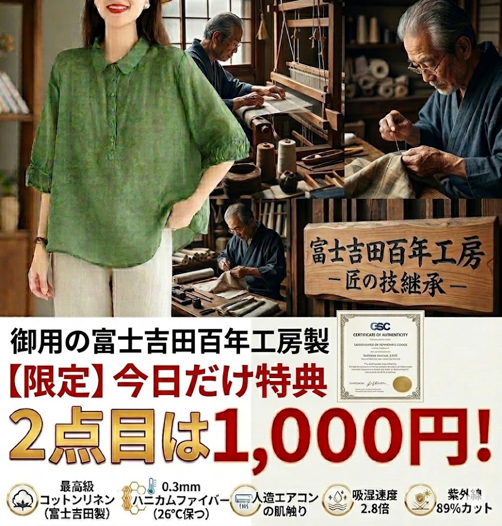【御用の富士吉田百年工房製】2025高級コットンリネン綿麻ブラウス