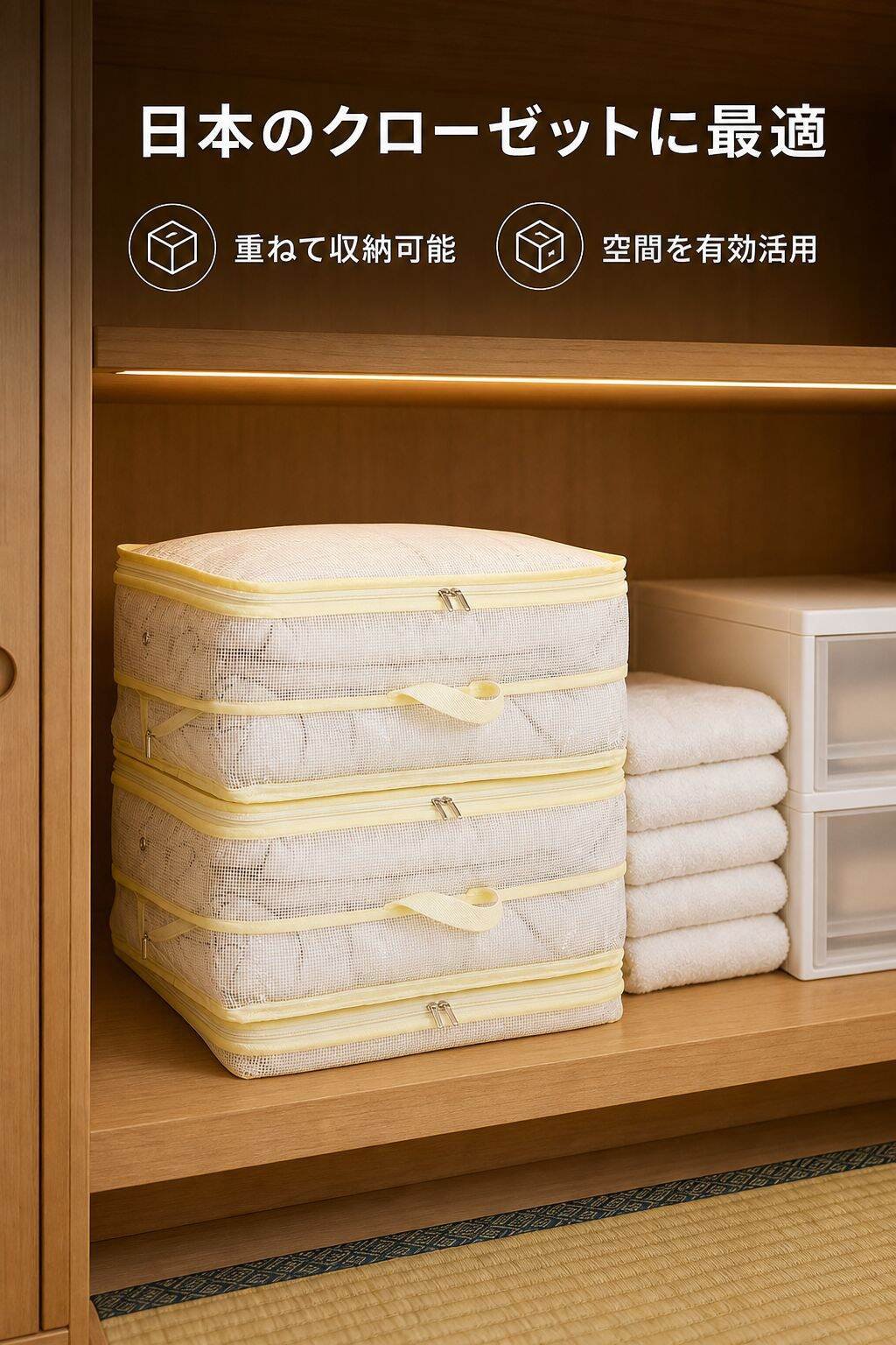 綿製の掛け布団と衣類収納バッグ