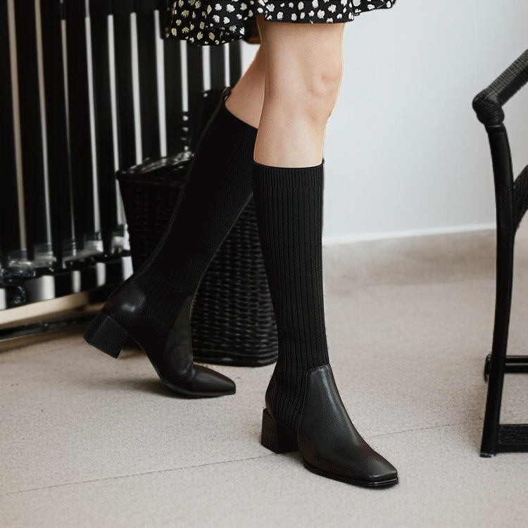 編み皮靴ロングブーツ女性用新作膝上までスリムに見せる弾力性のある編み中筒加減高いヒールのハイブーツ