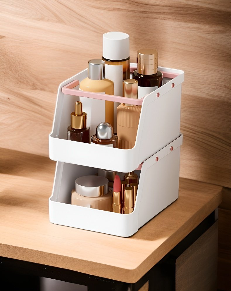 صندوق بلاستيك بمقبض لتخزين مستحضرات التجميل