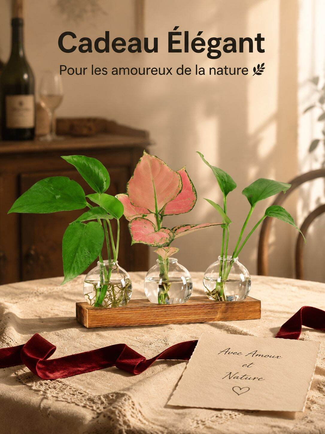 Vase à trois ampoules en verre avec support en bois