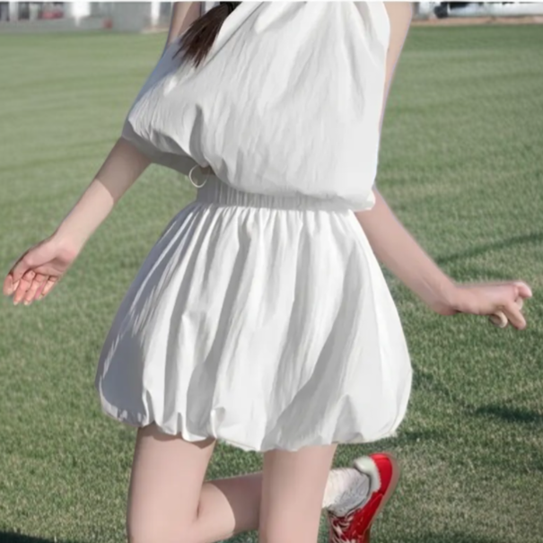 春夏秋韓国系ファッションふんわりバルーンミニスカート安全インナーパンツ付きウエストゴムポケット付き