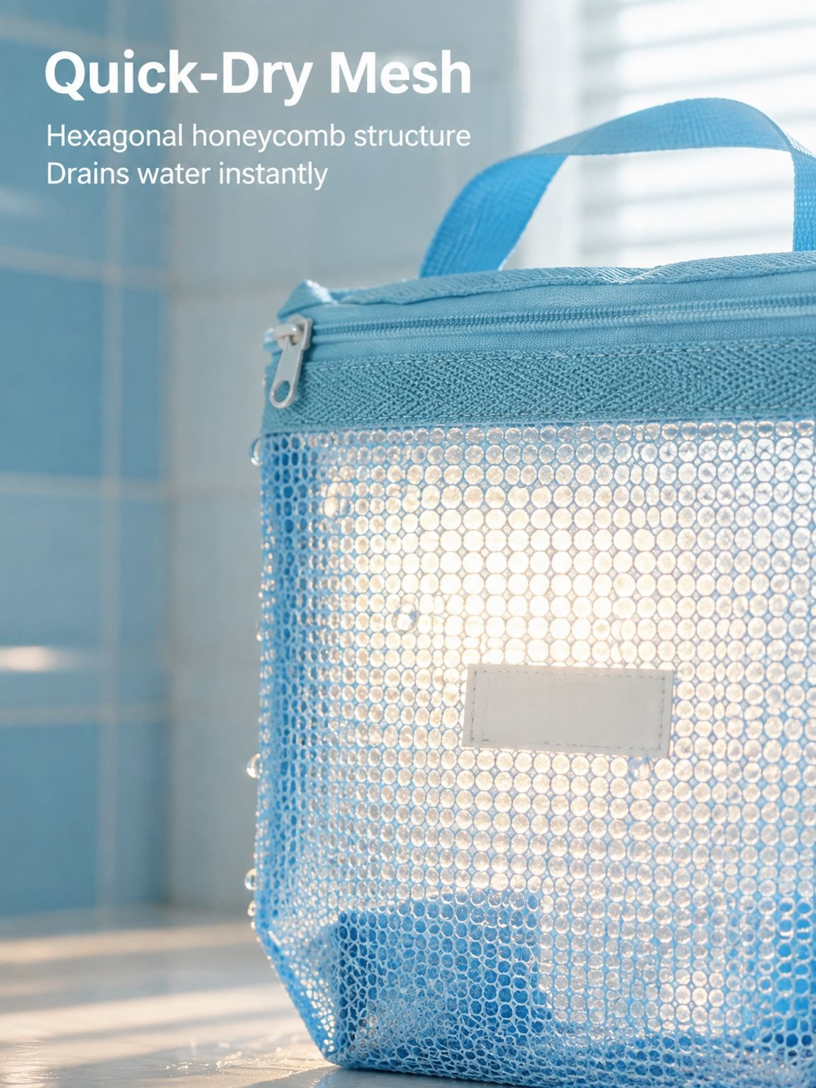 Portable waterproof mesh toiletry bag with sturdy zipper and lightweight design