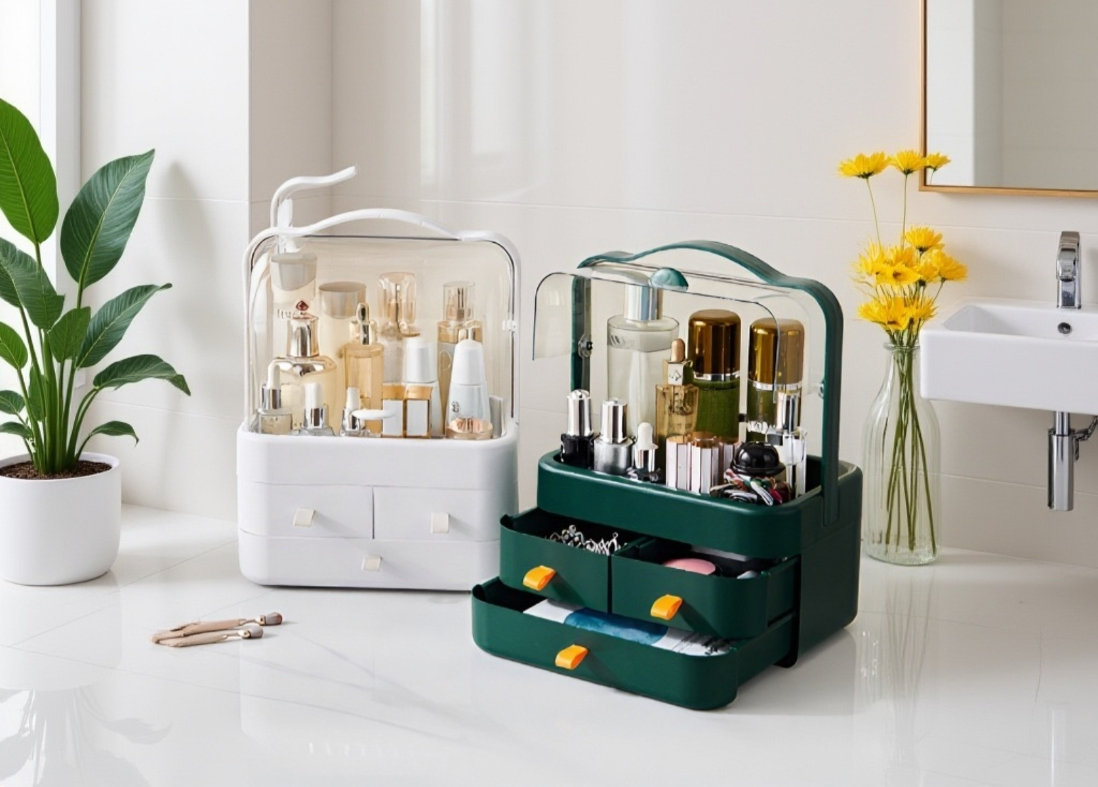 화장대 위에 놓인 세련된 화장품 보관함