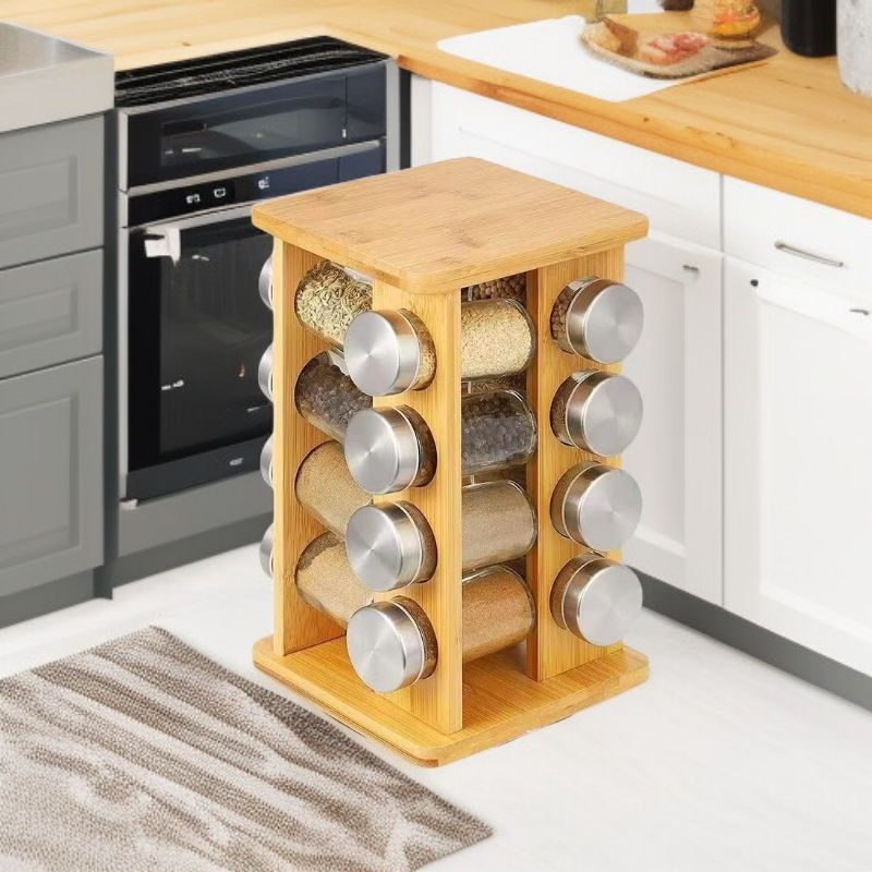 다용도 회전 대나무 주방 양념 선반