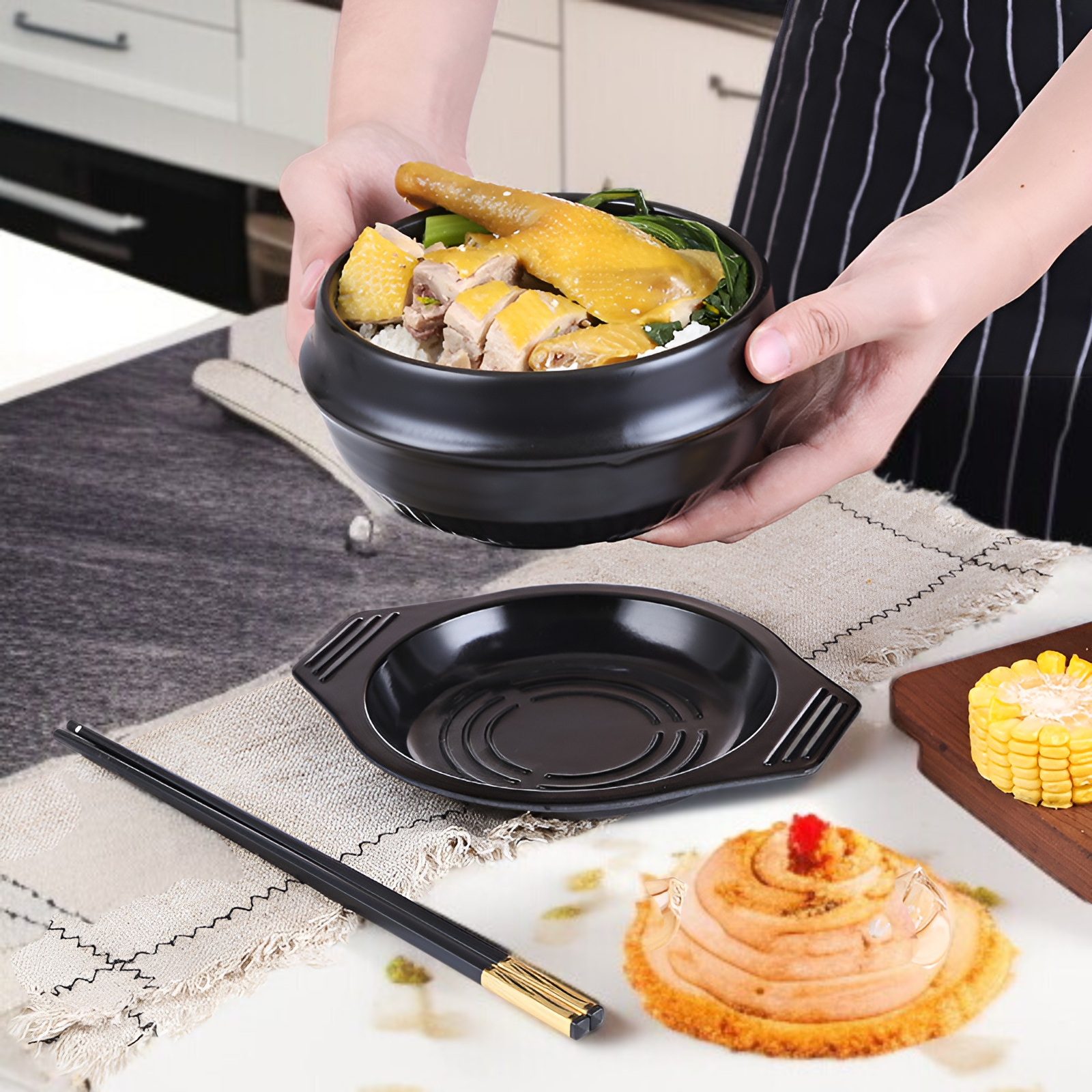 業務用/家庭用14.5/16/17.5CM韓国石鍋ビビンバ専用鍋/キャセロール、耐高温韓国石鍋（トレイ付き/なし）、1人または2〜3人向け。