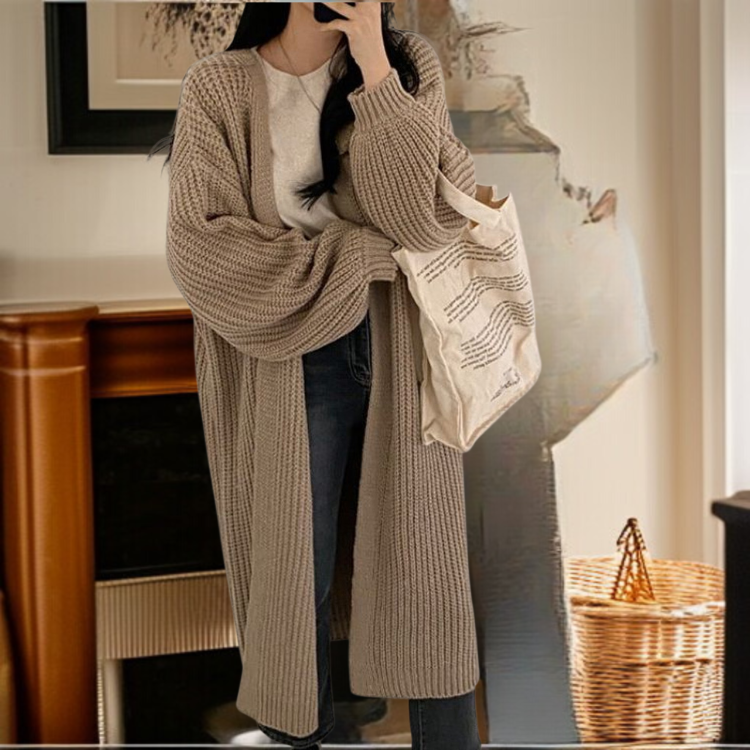 여성 루즈핏 날씬해 보이는 롱 니트 카디건 코트 벌룬 소매 니트 여 빈티지 나른한 니트