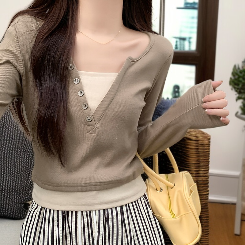 여성 페이크 투피스 슬림핏 긴팔 니트 쇼트 톱
