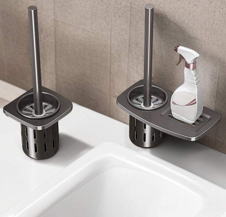 Wall mounted toilet brush set installed in bathroom