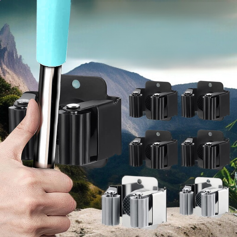 バスルームモップラック バスルーム壁掛け式 パンチフリー モップクリップホルダー 釘フリー 多機能モップフックバックル