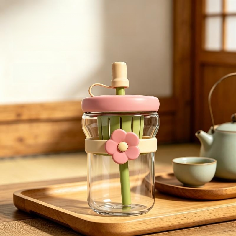 Vaso de vidrio floral con pajita de 500 ml