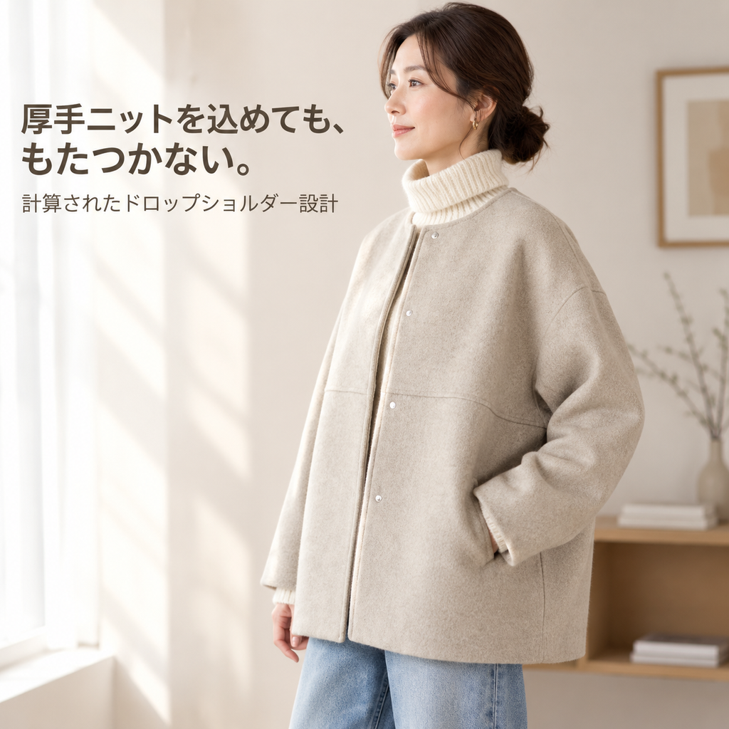 レディースシンプル丸首ウールショートジャケット