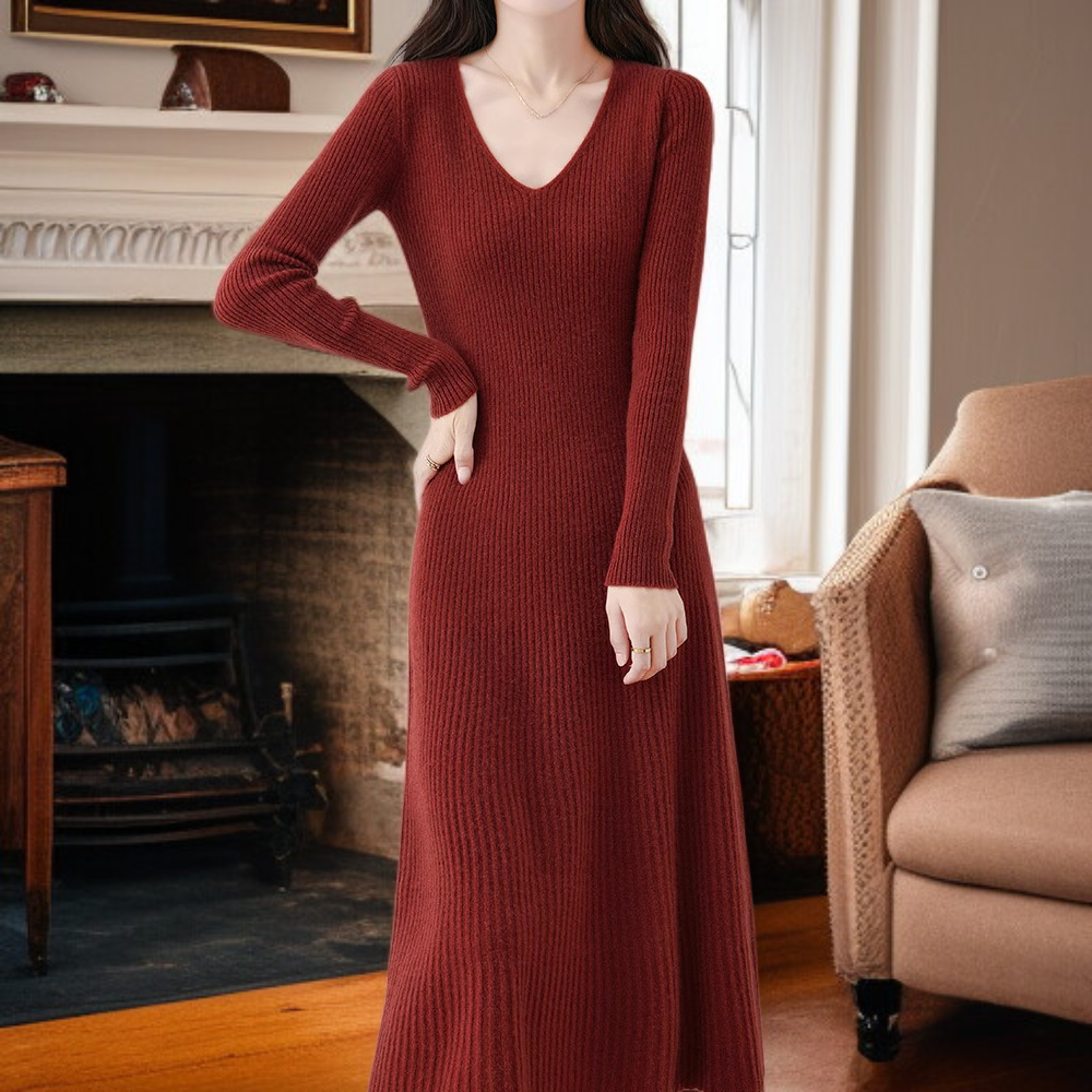 シンプル無地デザインのエレガントな秋冬ワンピース