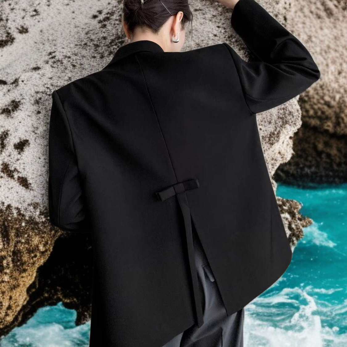 리본 정장 여심기 디자인 그레이 여성 캐주얼 트임 정장 코트