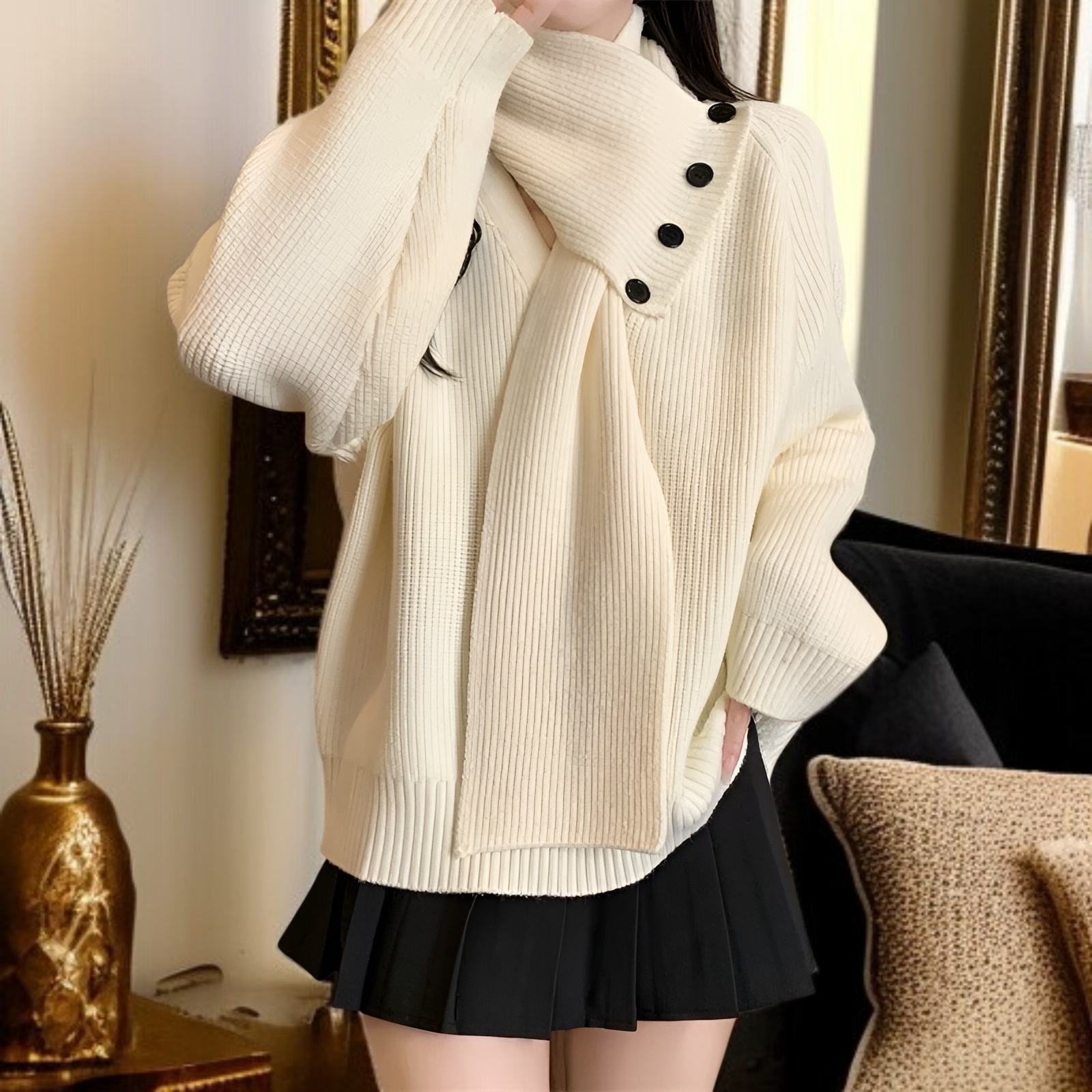 2025年新作 取り外し可能なスカーフ付きVネックセーター レディース 秋冬 ゆったりとしたハイエンドニットトップス