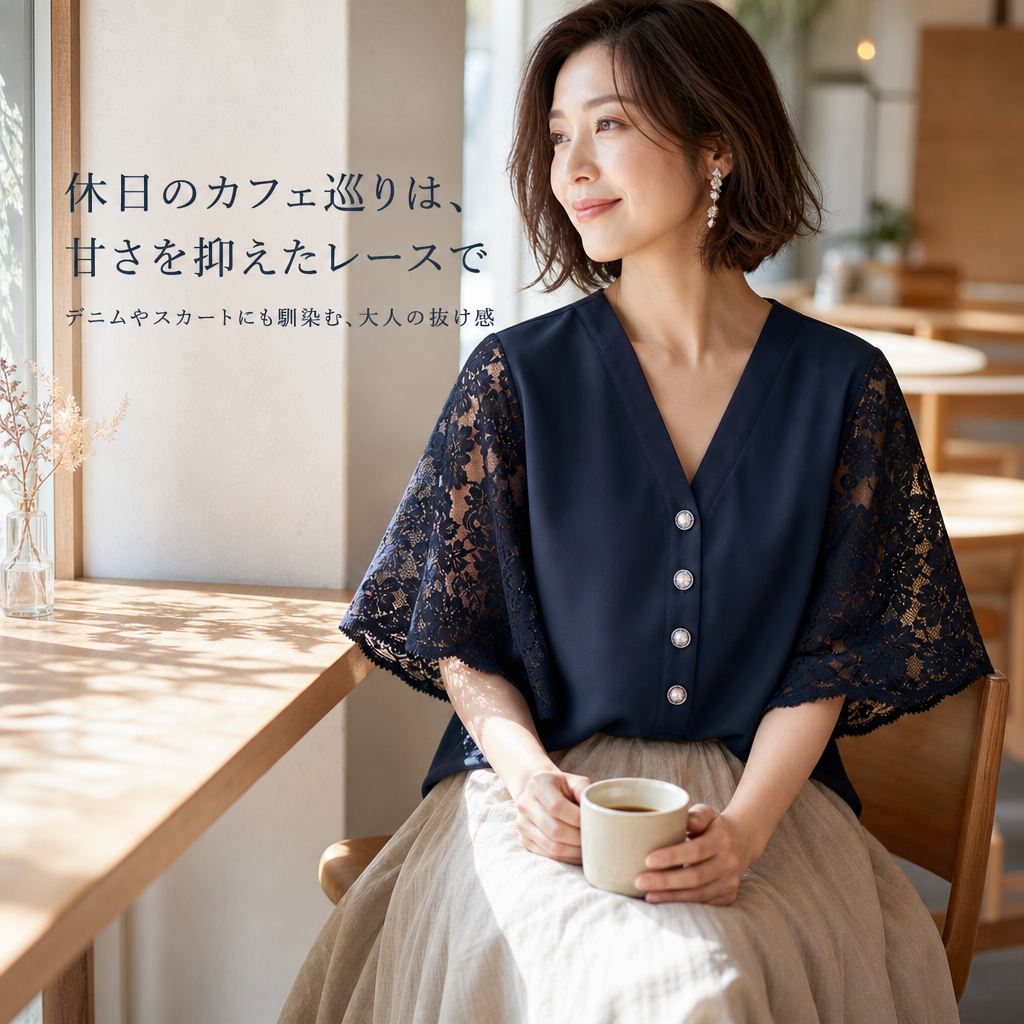 春夏新作・日本風レディースゆったりレース袖Vネックブラウス