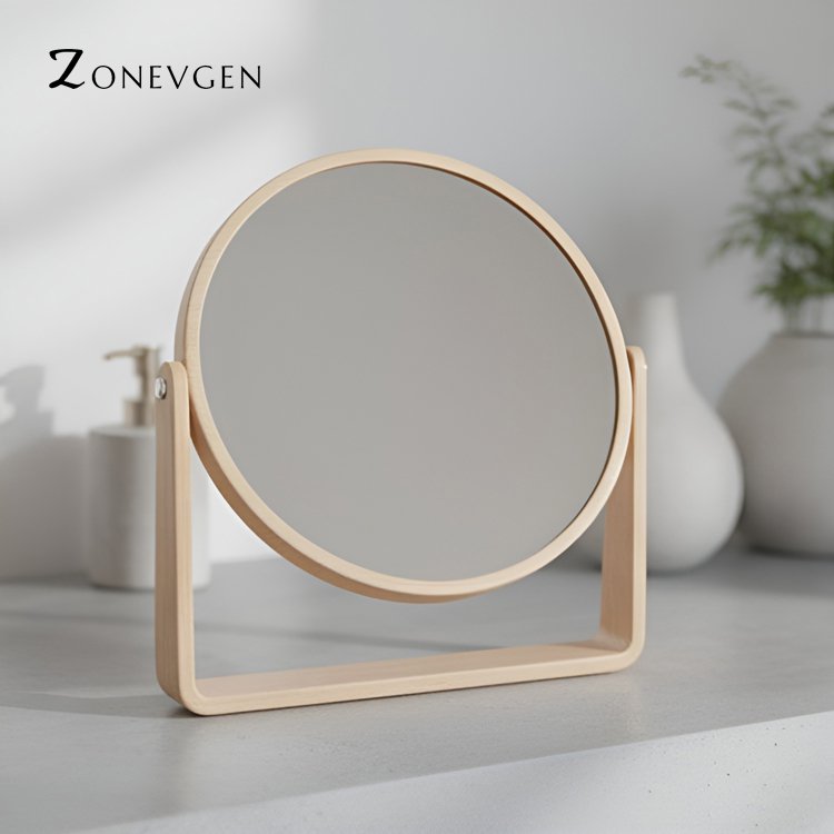 화장대 위에 놓인 심플 둥근 거울