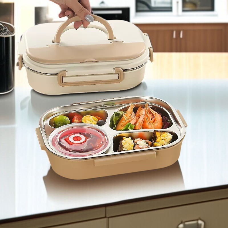 Lonchera de acero inoxidable con compartimentos y cubiertos
