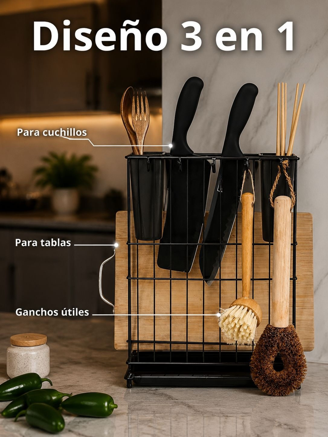 Soporte doméstico para cucharas con tabla de picar