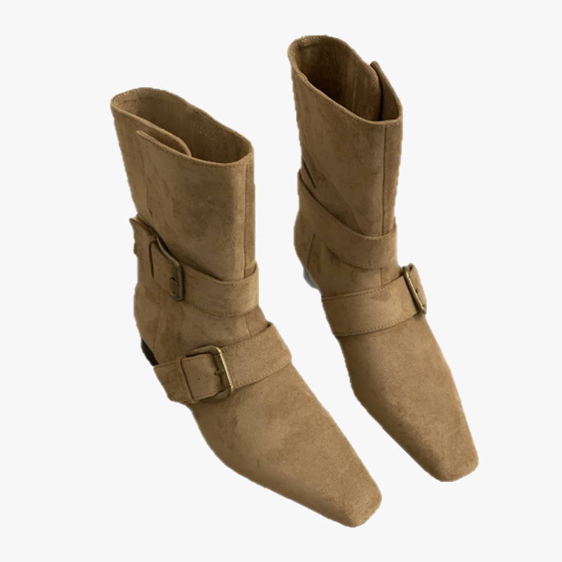 2025年韓国秋冬新作ニッチデザインレトロフレンチショートブーツ小スクエアヘッドウエスタンブーツミドルブーツレディースブーツ