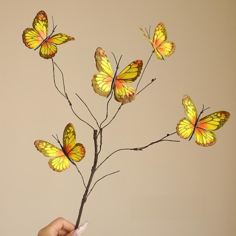 ดอกไม้ประดิษฐ์กิ่งแห้งผีเสื้อสีส้ม ของตกแต่งบ้าน