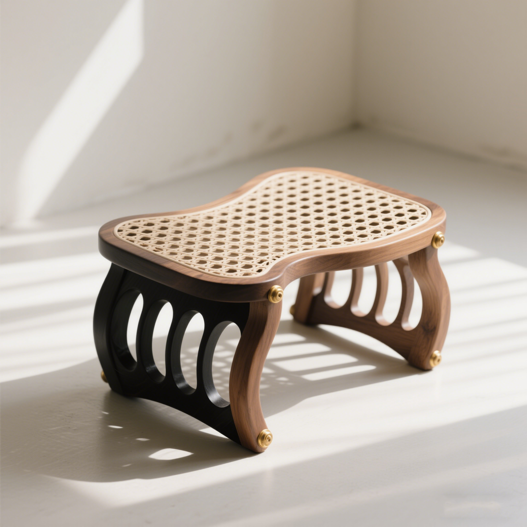 Banco pequeño de madera con tejido de ratán