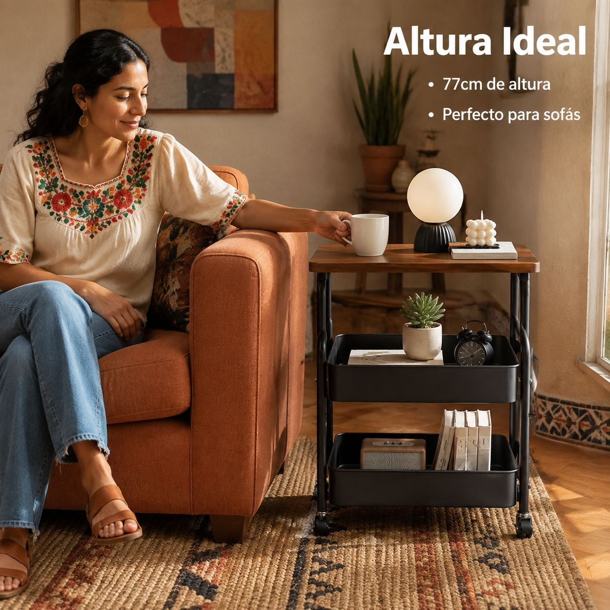 Carrito auxiliar móvil de dos niveles con mesa superior