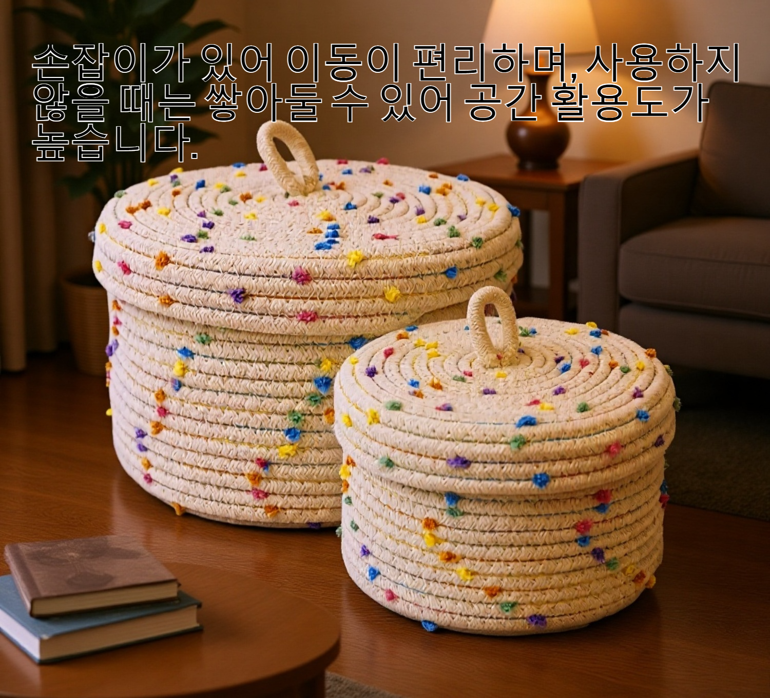 세련된 뚜껑 디자인의 직조 수납 바구니