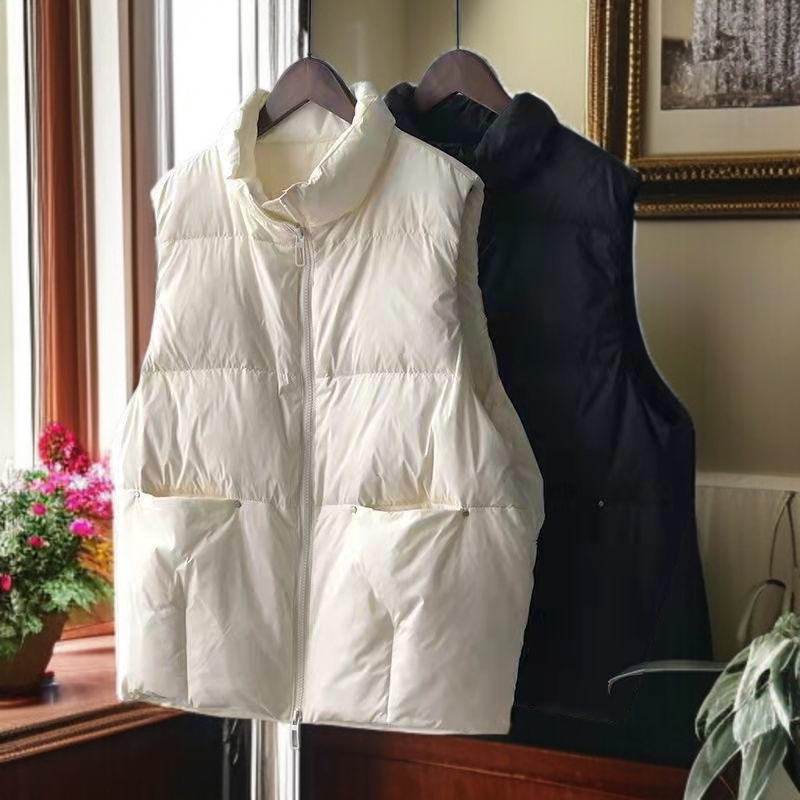여성 루즈핏 쇼트 나시 화이트 오리털 조끼 가을 겨울 코트 조끼 패딩 베스트